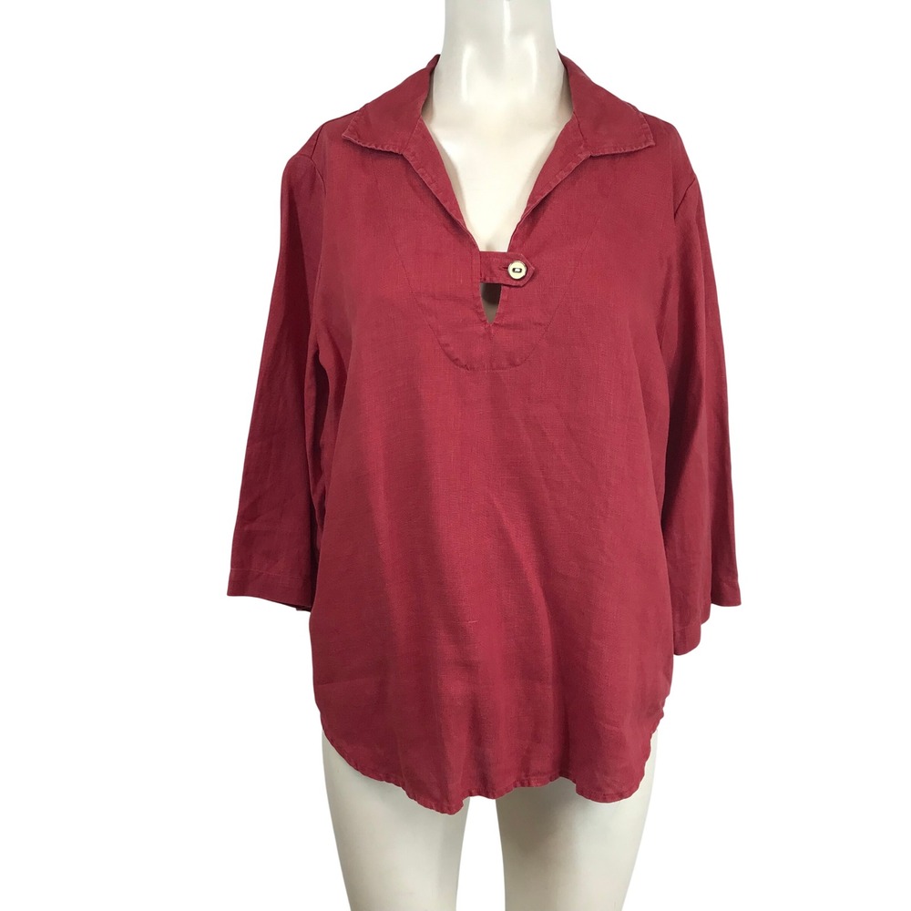 Hot Cotton‎ Red 100% Linen Tunic Top 3/4 Sleeve Split Neck Womens Size M